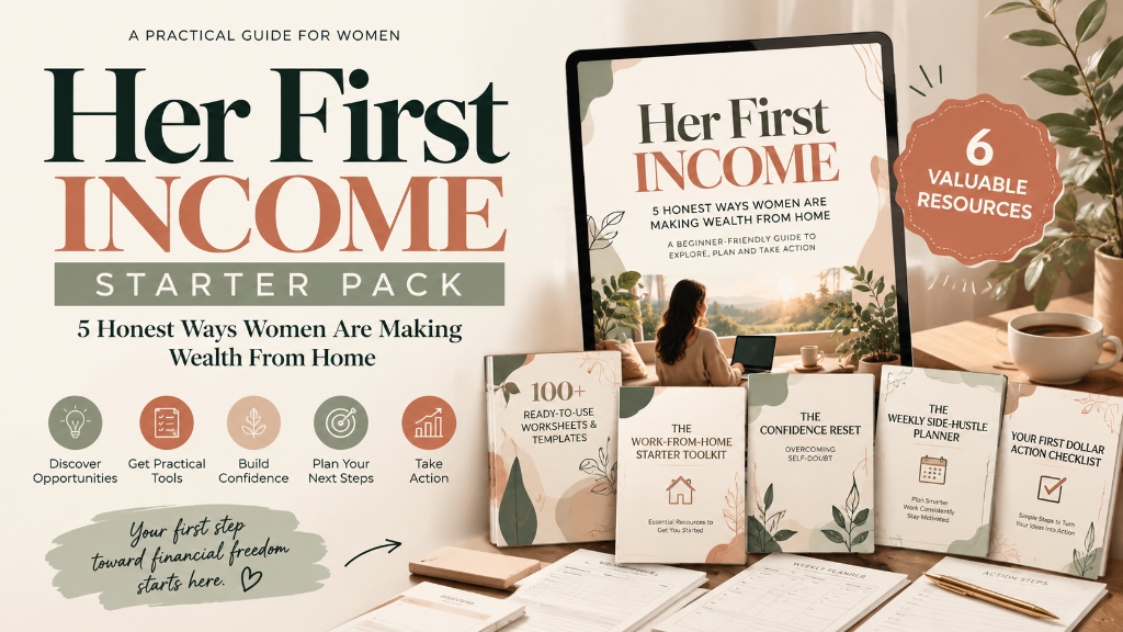Her First Income Starter Pack - 6 Valuable Resources including Core Guide, Worksheets, Toolkit, Confidence Reset, Weekly Planner, and First Dollar Action Checklist